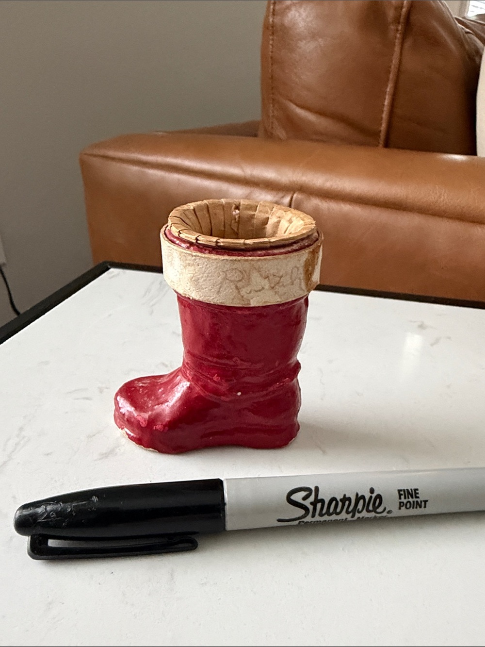BOOT3 Red Paper Mache or Pulp Santa Boot Gift & Candy Vessel